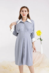 Silk Shirt Dress with Contrast Cuffs and Button-Down Front